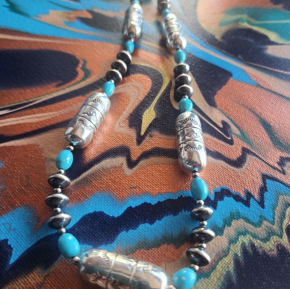 Sterling Silver and Turquoise Beaded Necklace Made In New Mexico 18 Inches - Picture 8 of 10